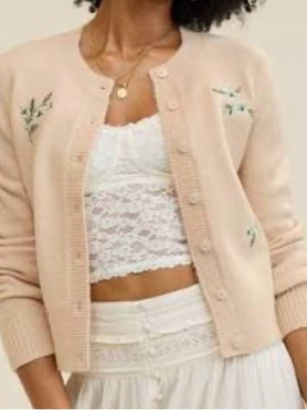 aerie Cream Cardigan with Green Floral Embroidery - Picture 2 of 2
